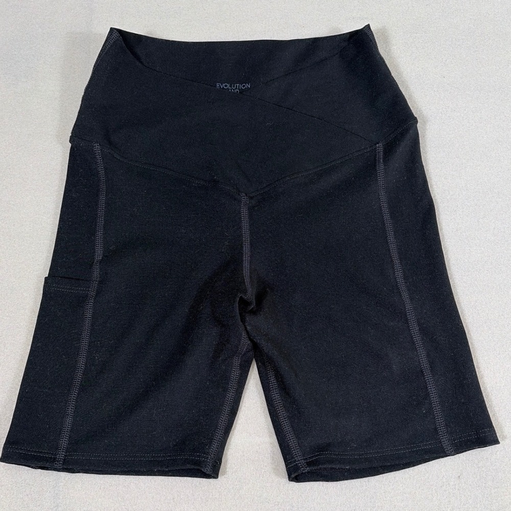 Evolution and Creation Womens Crossover Waist Biker Shorts Black Large Pockets